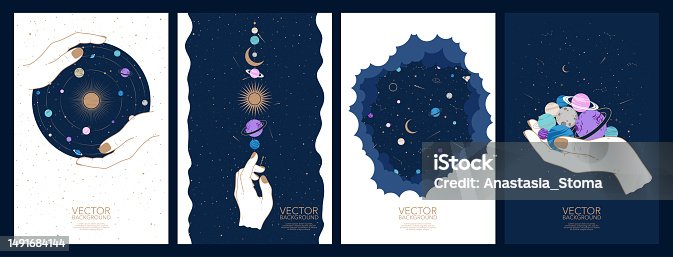 istock Set of space esoteric mystery magic cards and posters. Hand drawn mysterious illustrations. Astrology, occultism and alchemy concept in boho style. 1491684144