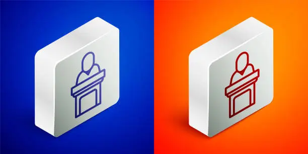 Vector illustration of Isometric line Church pastor preaching icon isolated on blue and orange background. Silver square button. Vector