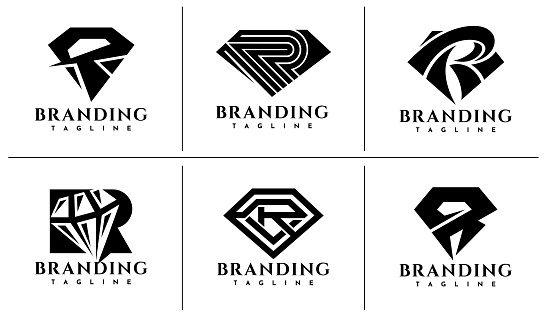 Luxury line diamond letter R design set. Elegance jewelry initial R branding.