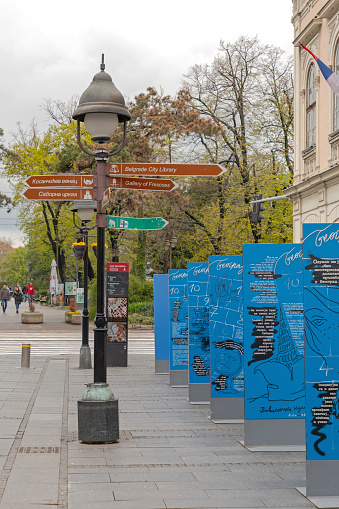 Belgrade, Serbia - April 18, 2021: Tourist Attractions Direction Pole at Street in Capital City.