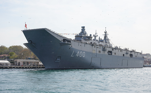 Istanbul, Turkiye - April 22, 2023: TCG Anadolu Ship in Sarayburnu Port