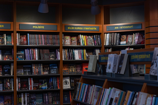 A picture of the interior of a Turkish bookshop.
