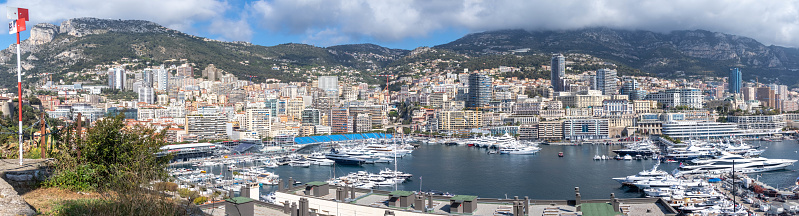 Monaco-Ville, Monaco, April 20th 2023:- A view of Port Hercules the main port of Monaco, taken from Monaco-Ville