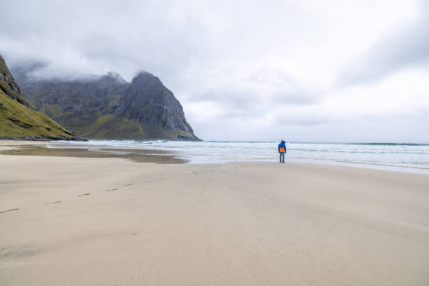 istock Distant man standing on an empty beach in Norway, he looks at the ocean 1491688171