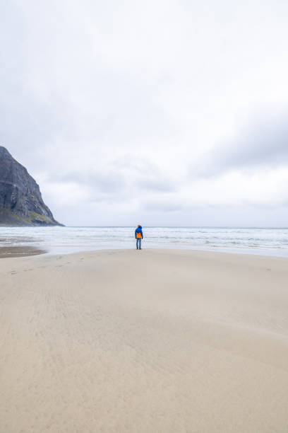 istock Distant man standing on an empty beach in Norway, he looks at the ocean 1491688369