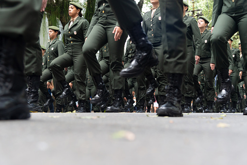 Salvador, Bahia, Brazil - September 07, 2022: View of the boots and legs of soldiers parading on the Brazilian independence day, in Salvador, Bahia.