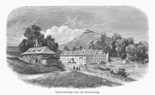 Heinrichsbad Sanatorium, Herisau, Appenzell Ausserrhoden, Switzerland, wood engraving, published 1877 Historical view of the Heinrichsbad Sanatorium. In the background the Rosenburg - a ruined castle on a hill west of Herisau in the canton of Appenzell Ausserrhoden in Switzerland.. Wood engraving after a drawing by Edward Theodore Compton (English painter, 1849 - 1921), published in 1877. appenzell ausserrhoden stock illustrations
