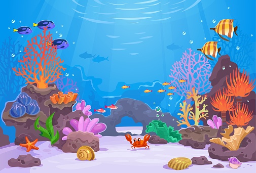 Underwater life background. Сoral reef in an ocean with its inhabitants. Aquarium with colorful fish. Crab, starfish, shellfish and seaweed on the sea bottom. Cartoon style vector illustration.