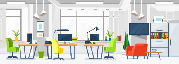 Modern open space office design in white colors. Vector illustration Modern open space office design in white colors. Loft interior in contemporary co-working. Business workplace environment with monitors on desks and armchairs. Cartoon style vector illustration. corporate office cubicle stock illustrations