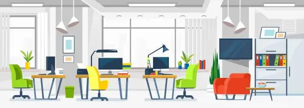 Vector illustration of Modern open space office design in white colors. Vector illustration