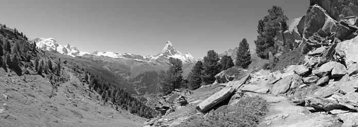 The panorama of swiss walliser alps with the Matterhorn peak over the Mattertal valley.