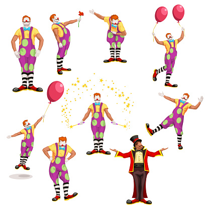 illustration of colorful funny clown set in different poses isolated on white background