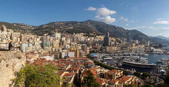 Monaco-Ville, Monaco, April 20th 2023:- A view of La Condamine ward of Monaco, viewed from Monaco-Ville