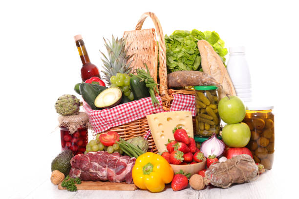 istock composition with fruit, vegetable, meats, wine- organic food assortment 1491696942