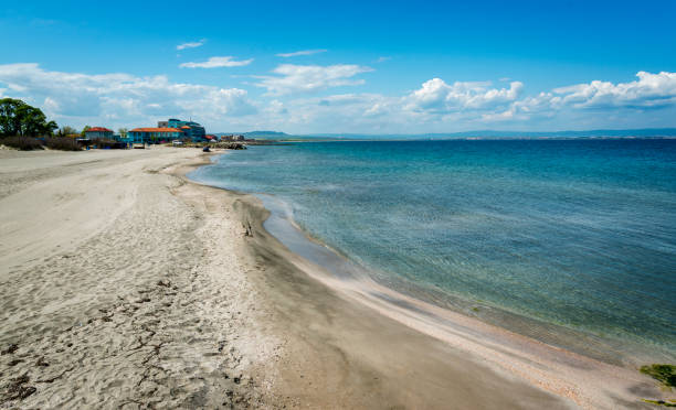 Empty beach waiting for tourists in Pomorie town Empty beach waiting for tourists in Pomorie town. Bulgaria, Europe. pomorie stock pictures, royalty-free photos & images