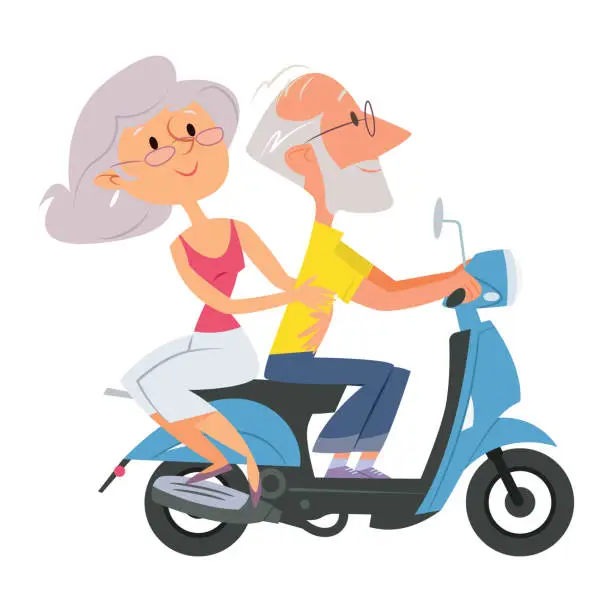 Vector illustration of Senior Couple Riding Scooter