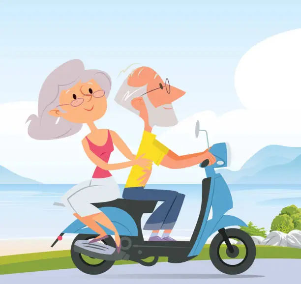 Vector illustration of Senior Couple on Scooter
