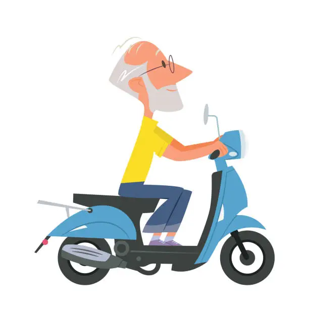 Vector illustration of Senior man traveling on modern motor scooter