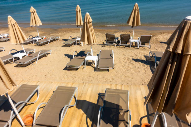 istock Lounge chairs and umbrellas in beach 1491700536