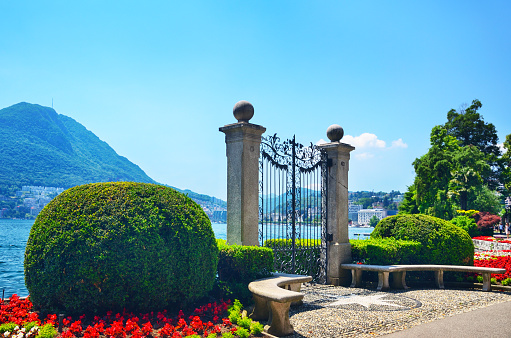 Decorative gate in botanical park of the city Lugano, Switzerland