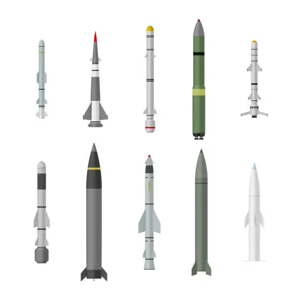 Vector illustration of Military fighter aircraft missile rocket weapon different shape set realistic vector illustration