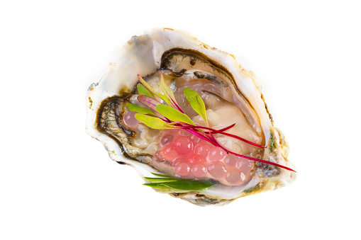 Image of a fresh oyster inside the shell with tapioca pearls and fresh baby beet greens isolated on white background