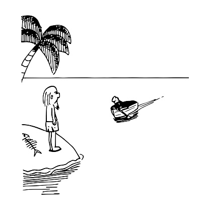 Cute castaway character in a desert island looking far away to a man approaching rowing in a boat. Black and white hand drawn sketch cartoon style vector illustration.