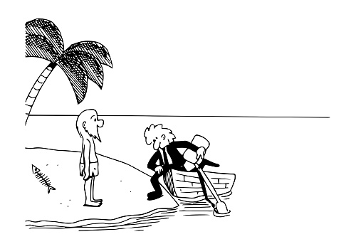 Castaway in an island looking a man wearing a suit landing from a wooden boat in the middle of the ocean. Black and white hand drawn cartoon style vector illustration.