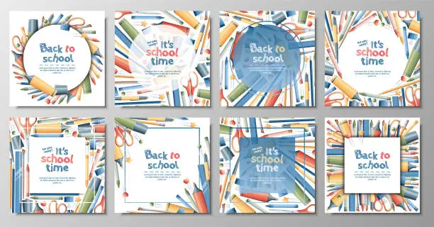 Vector illustration of Back to school banner set. Backgrounds with stationery pencils, pen, brush, scissors, paper clips. School theme, knowledge day, study