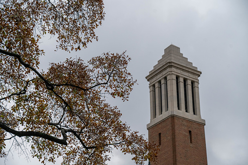 Tuscaloosa, AL - December 2020: The Iconic Denny chimes stands above the University of Alabama on an overcast day.