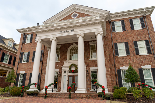 Tuscaloosa, AL - December 2020: The Pi Beta Phi sorority house on the campus of the University of Alabama decorated for Christmas.