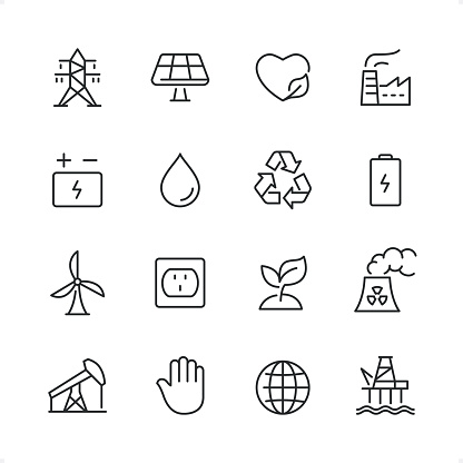 Power and Energy icons set #73

Specification: 16 icons, 64×64 pх, editable stroke weight! Current stroke 2 pt. 

Features: pixel perfect, unicolor, editable stroke weight, thin line. 

First row of  icons contains:
Power Line, Solar Energy, Heart and Leaf, Factory;

Second row contains: 
Car Battery, Water, Recycling, Battery;

Third row contains: 
Wind Turbine, Outlet, Growth Plant, Nuclear Power Station; 

Fourth row contains: 
Oil Pump, Stop Gesture, Globe, Oil Refinery Station.

Complete Cubico collection — https://www.istockphoto.com/uk/collaboration/boards/_R8CZuIXmUiUCIbekezhFA