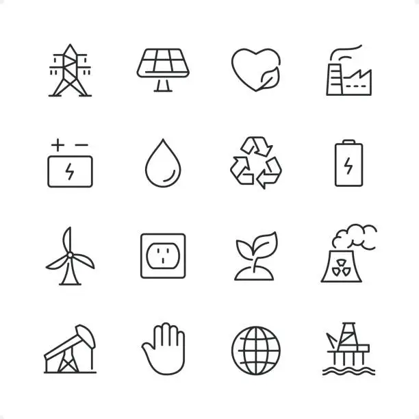 Vector illustration of Power and Energy - Pixel Perfect line icon set, editable stroke weight.