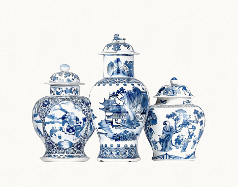 Blue and white chinese porcelain  on beige textured background. Porcelain Ginger Jars