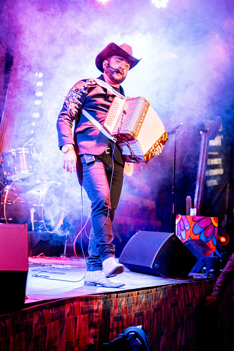 Musician man playing accordion while sing in a music concert