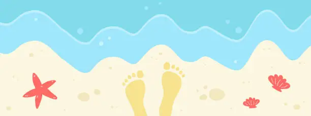 Vector illustration of Sea beach banner. Vector illustration of waves and footprints in sand. Drawing of starfish and shells. Summer background.