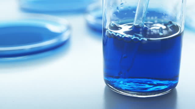 Flask and pipette with blue liquid.