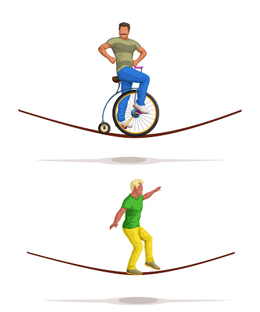 illustration of man balancer set on white background walking and riding on retro bicycle