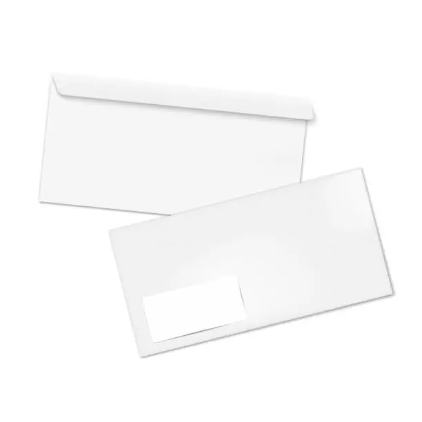 Vector illustration of Blank white DL envelope with empty address label sticker front and back realistic vector mockup