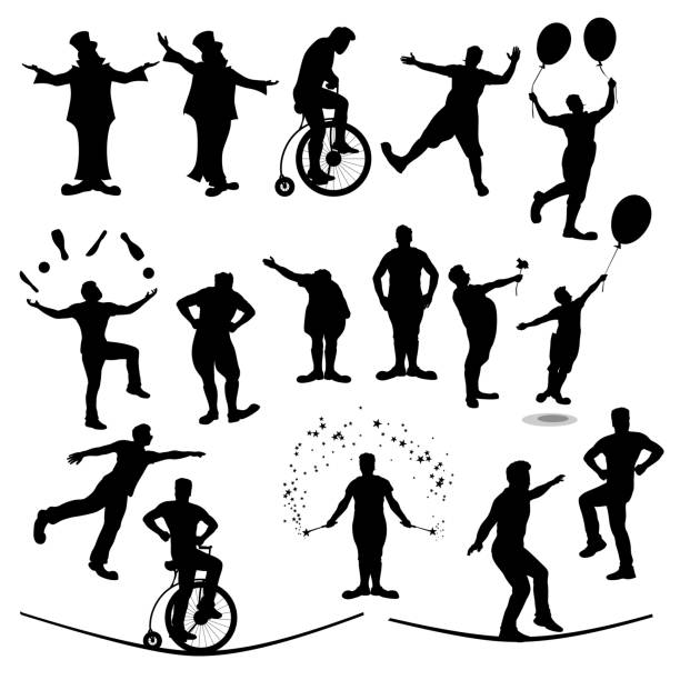 ilustraciones, imágenes clip art, dibujos animados e iconos de stock de silueta de la gente del circo - juggling silhouette performer performance