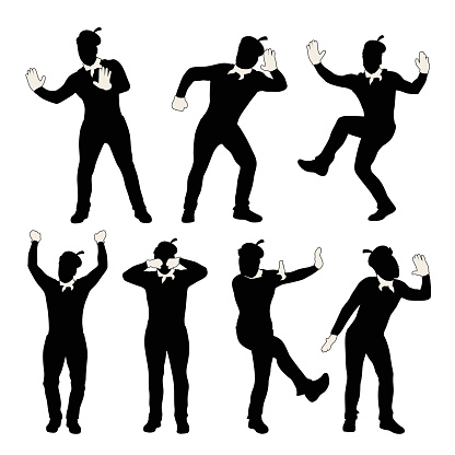 illustration of male mime silhouette set in different poses isolated on white background