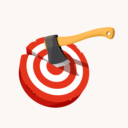 illustration of wooden axe throw in red target isolated on white background