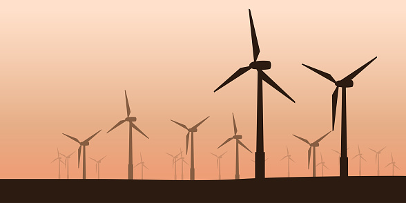 illustration of wind power turbines group silhouettes on field at sunset
