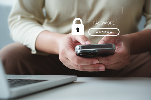 Phone and laptop password protection to verify user before connect to internet. Password verification concept of mobile phone safety use more secure passcode lock to identify user access connection.