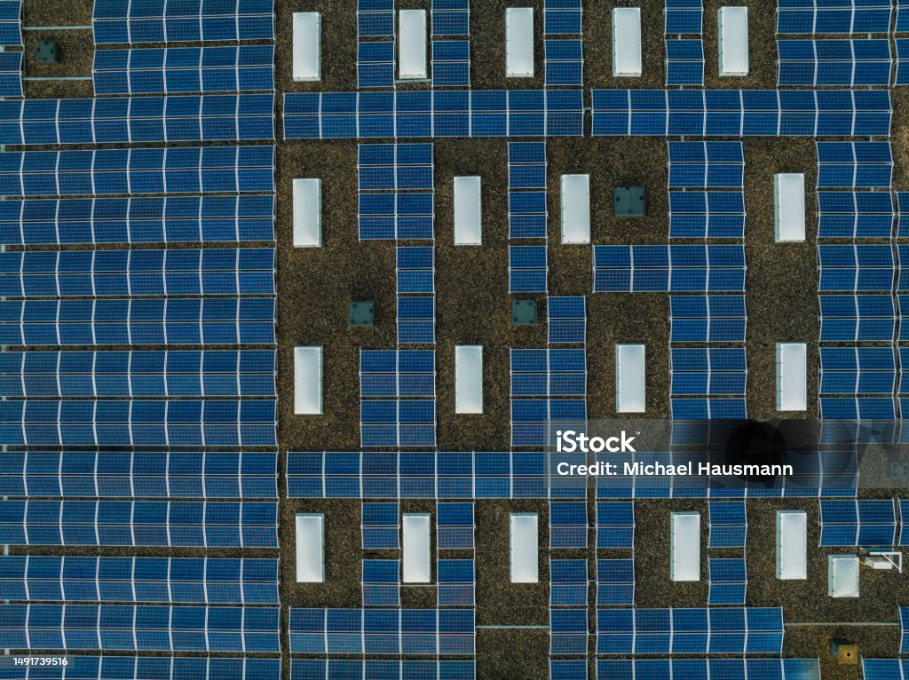 Blue gold Solar panels and solar energy sustainability development Abstract Stock Photo