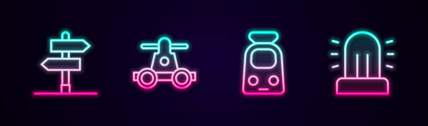 istock Set line Road traffic sign, Handcar transportation, Train railway and Flasher siren. Glowing neon icon. Vector 1491741017
