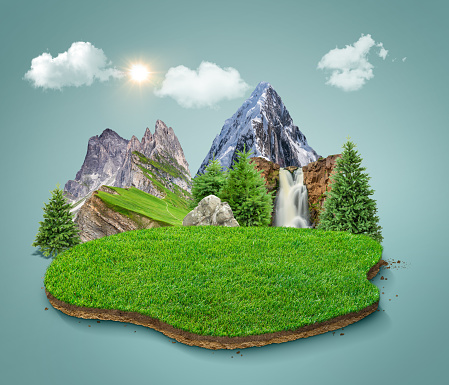 3d illustration of cut grass ground with landscape. The trees on the island. eco design concept. waterfall.