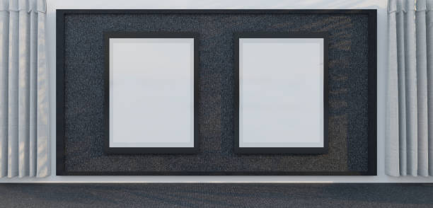 istock Interior gallery with empty frames on wall with curtains luxury room Product and text display frame 3D illustration 1491745046