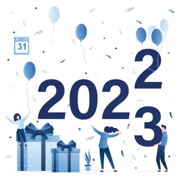 Vector illustration of People celebrating new 2023 year. Funny party. Tiny people change numbers. Happy characters with gift boxes, balloons and confetti. 31 December.