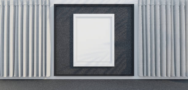 Interior gallery with empty frames on wall with curtains luxury room Product and text display frame 3D illustration
